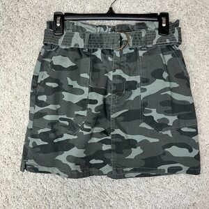 Jolt Denim Skirt Womens Small Green Camo Pockets Belted Stretch Casual Basic